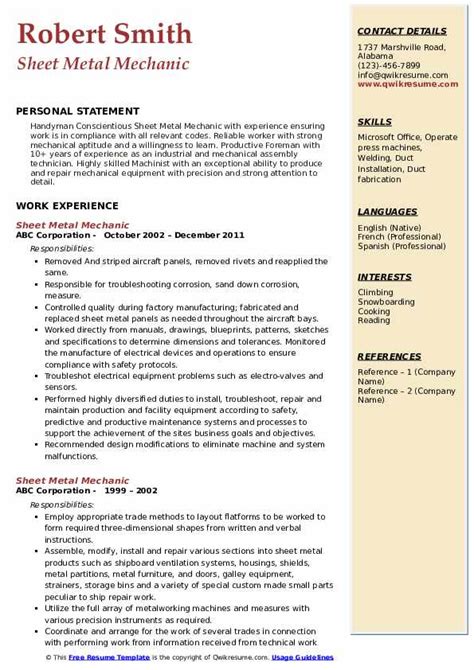 sheet metal mechanic resume examples|Sheet Metal Mechanic Resume Example & Writing Guide.